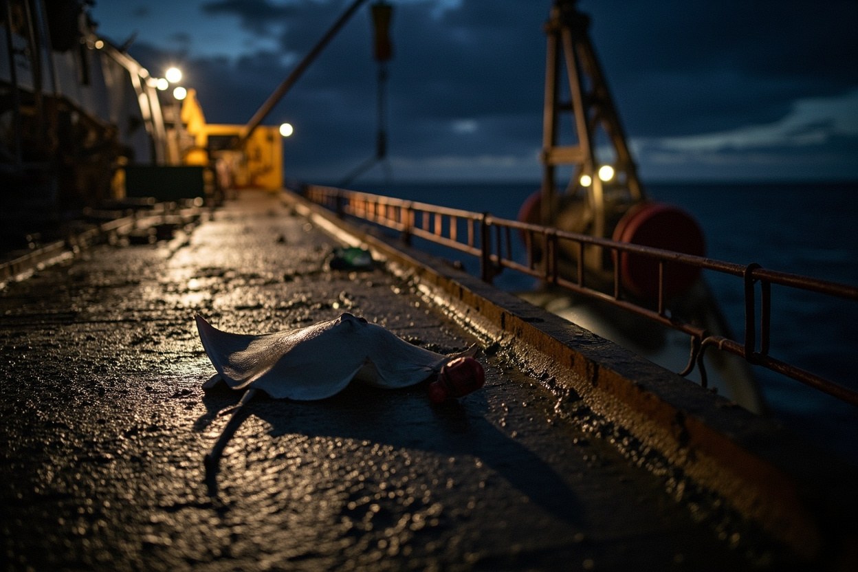 A thornback ray resting on a wet deck under the working lights of a beam trawler at first light