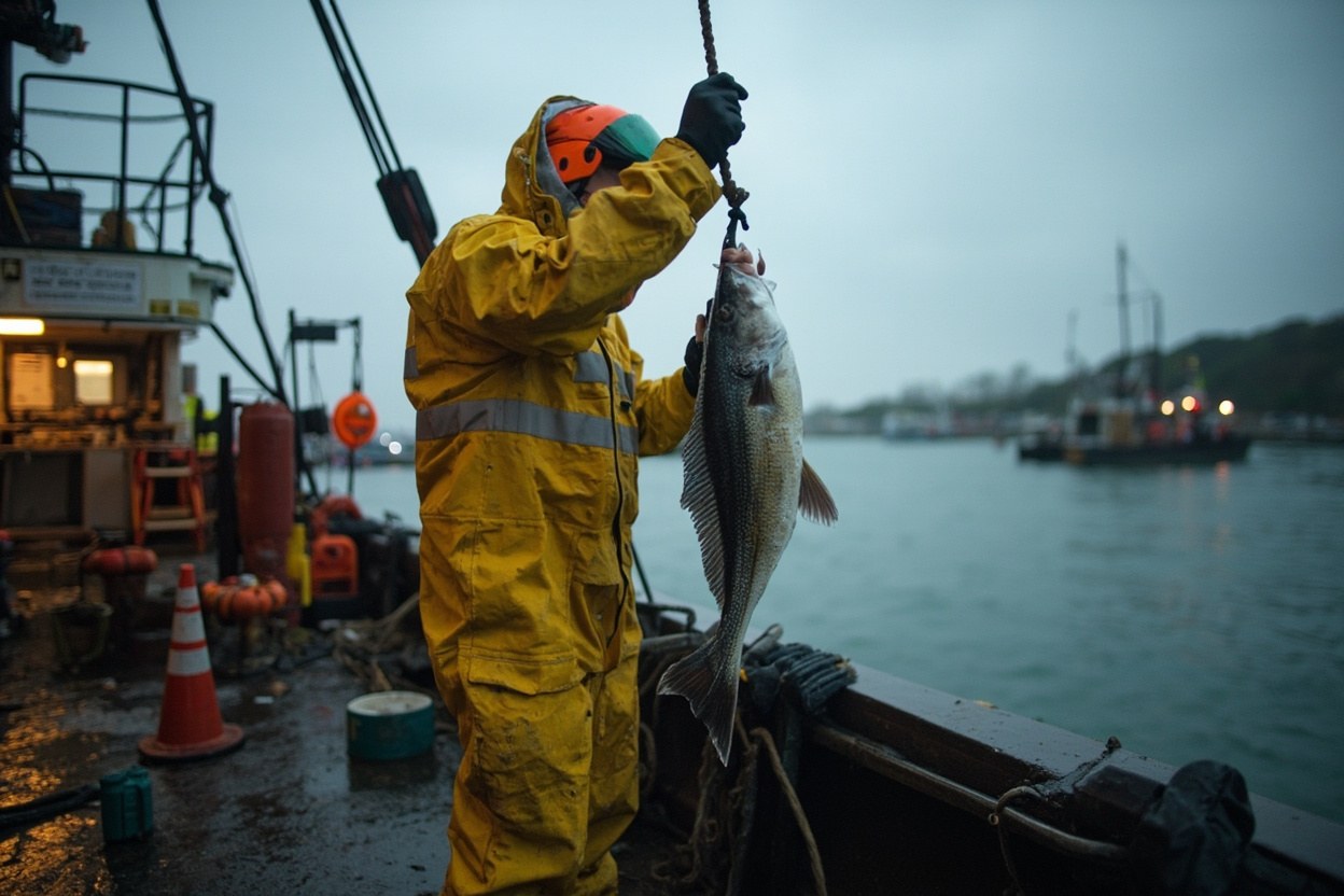 A fisher in yellow foul weather gear at a harbour in Devon at first light, lifting a ray from a wet deck into the grey water with disc width visible against a pile of orange marker buoys