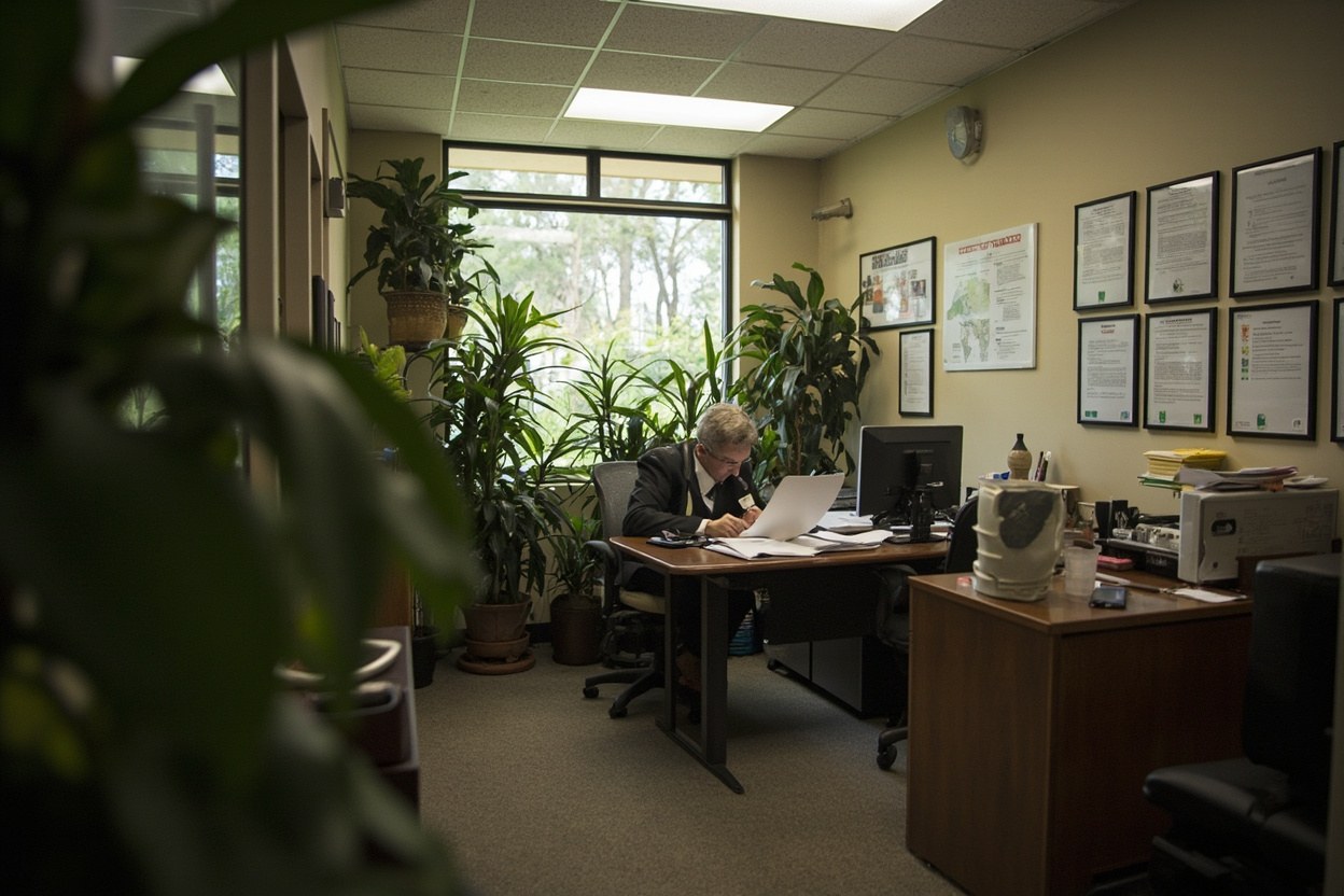 A federal office interior with potted plants, framed documents on a wall, and a staff member at a desk reviewing paperwork in afternoon daylight