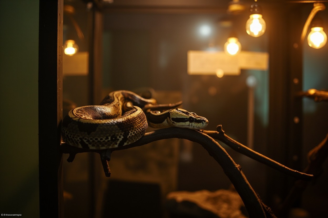 A ball python rests on a branch inside a glass enclosure, lit by warm interior lights