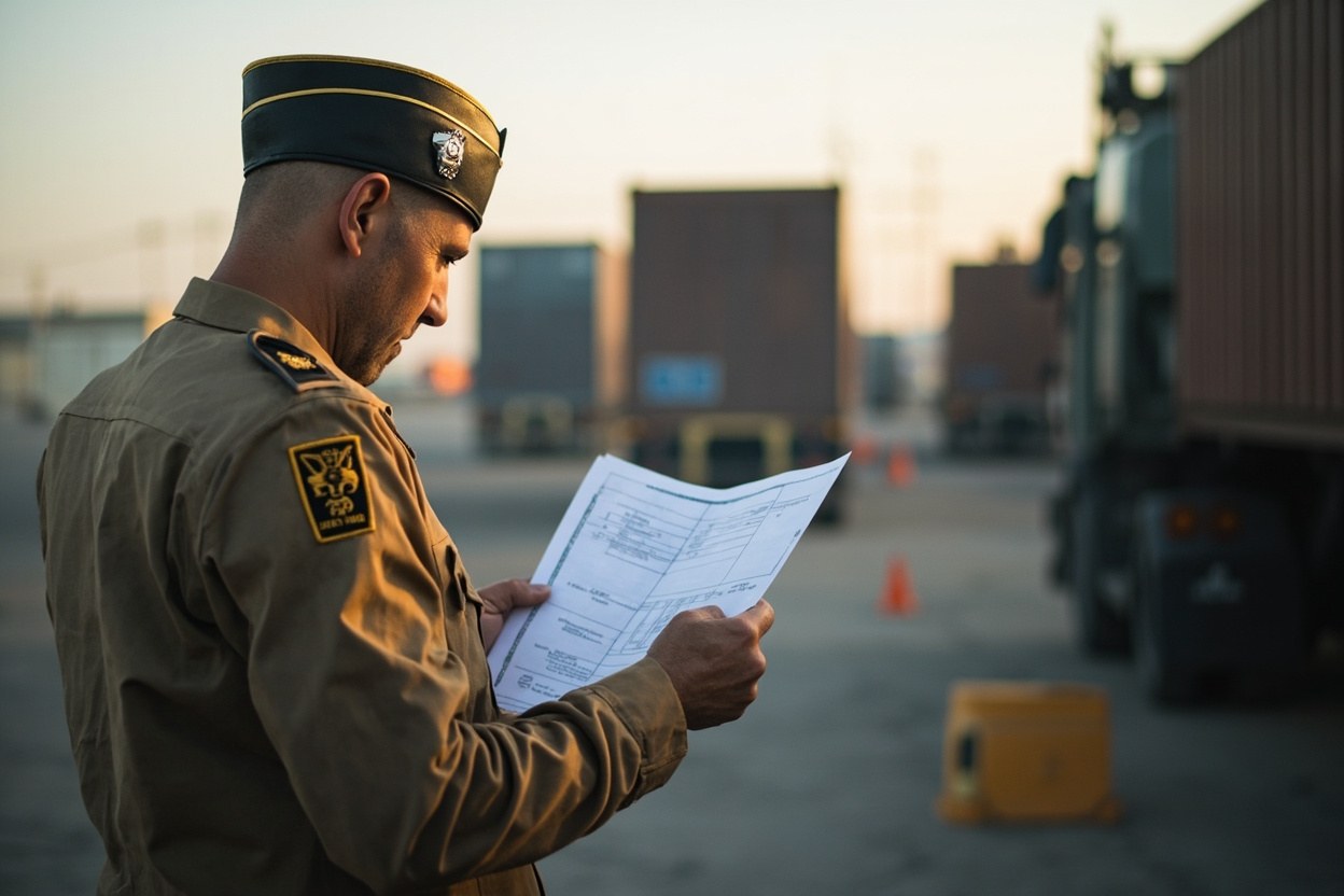 A federal inspector in a khaki uniform reviews paperwork at a cargo terminal in early daylight