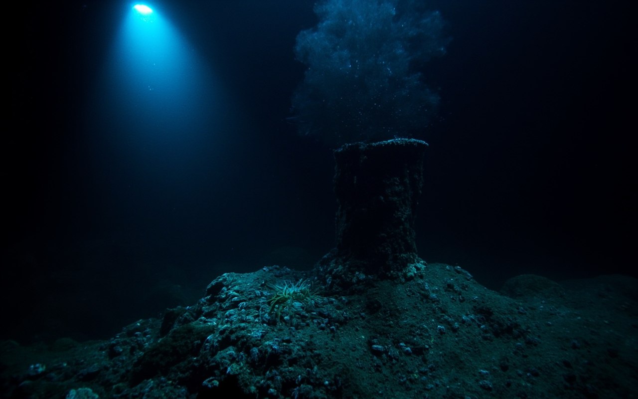 Black smoker hydrothermal vent on a deep ocean floor, with white vent shrimp clustering at the base of a mineral chimney emitting dark fluid.