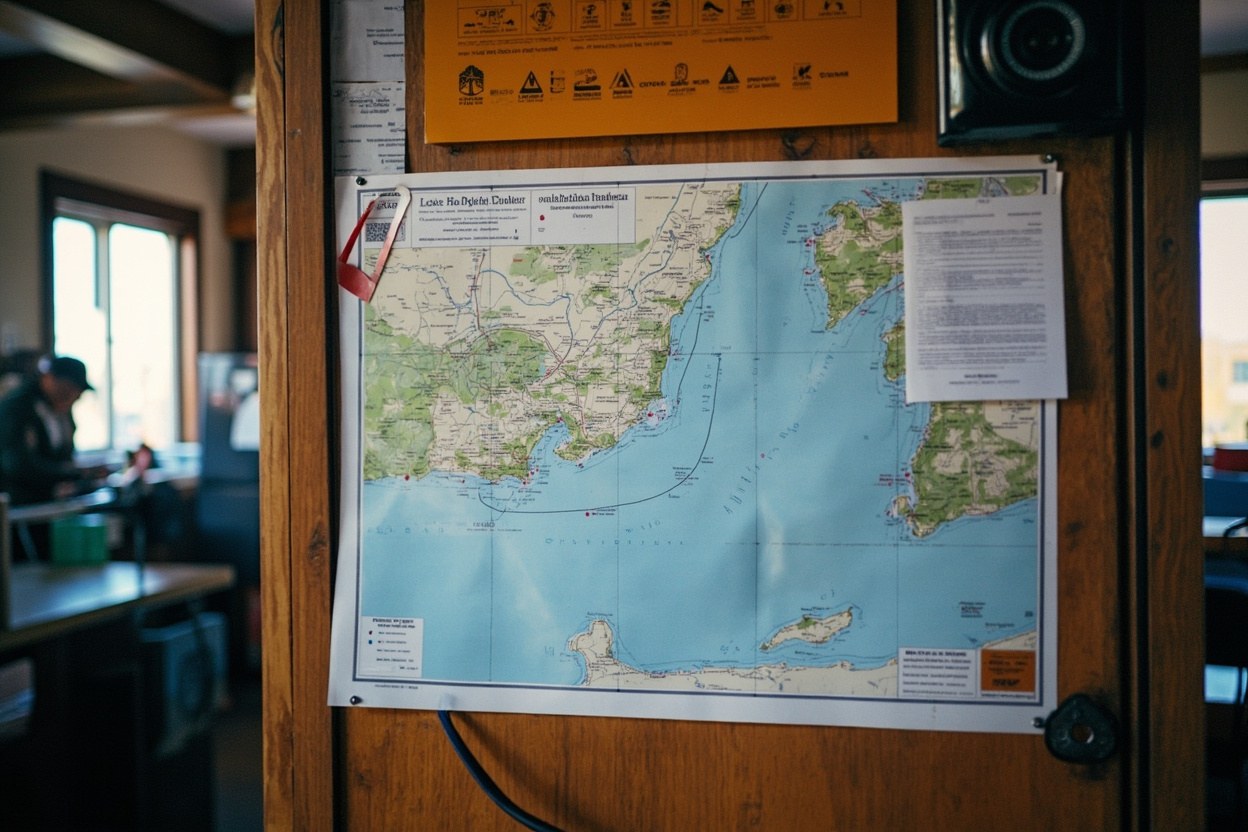 A coastline chart pinned to a wooden noticeboard inside a harbour office, with the western English Channel marked in pen and closed rectangles numbered in red ink under fluorescent daylight