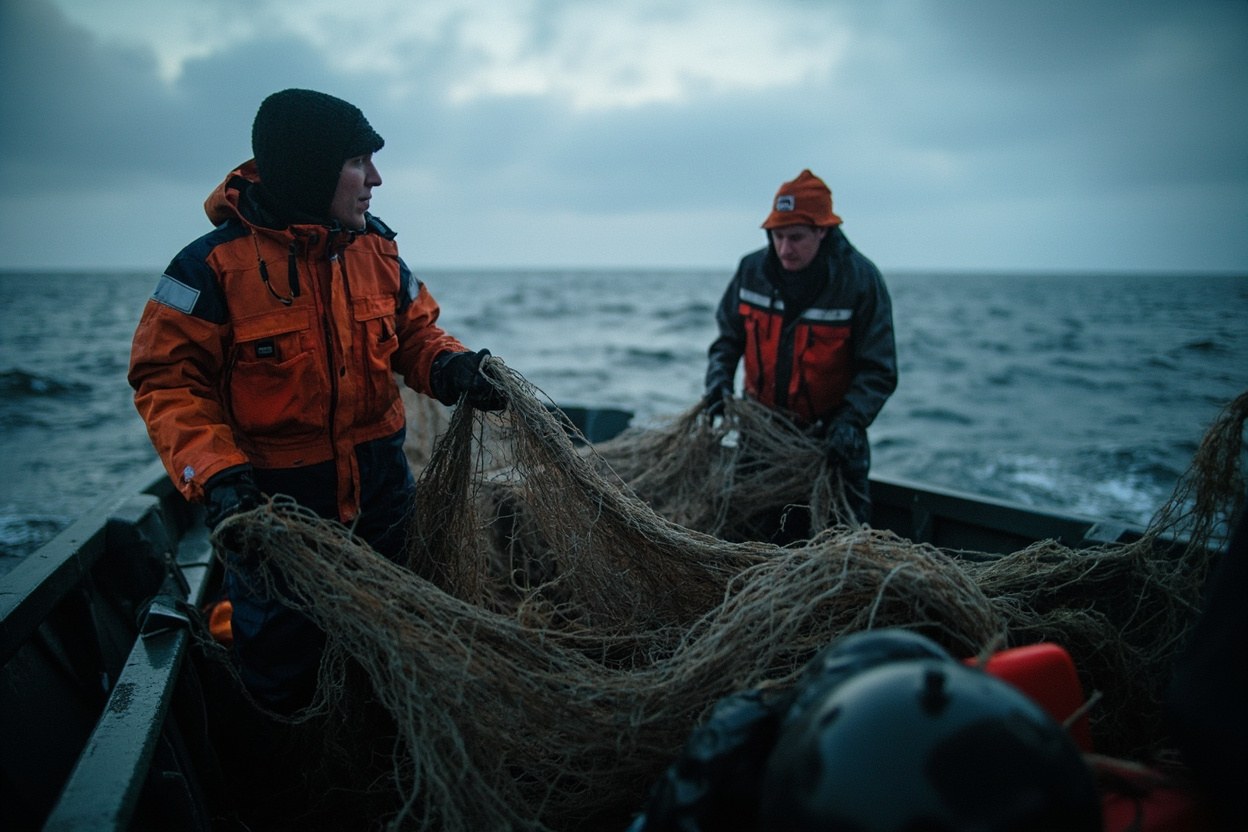 Two crew members on a small fishing vessel hauling a net in grey North Sea weather at first light